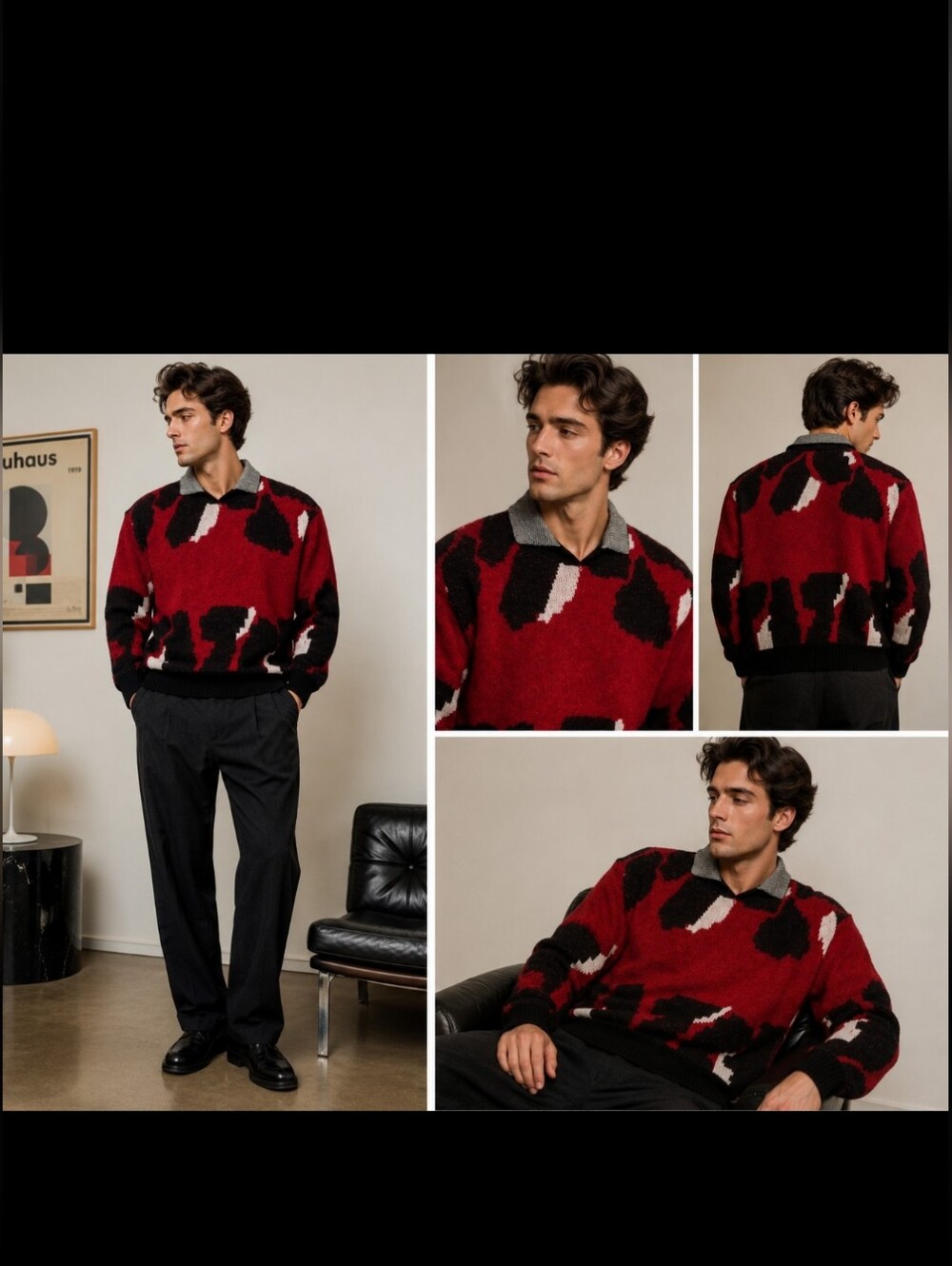 Vintage Hugo Boss West Germany Wool Mohair Abstract Knit Sweater Mens XL Red